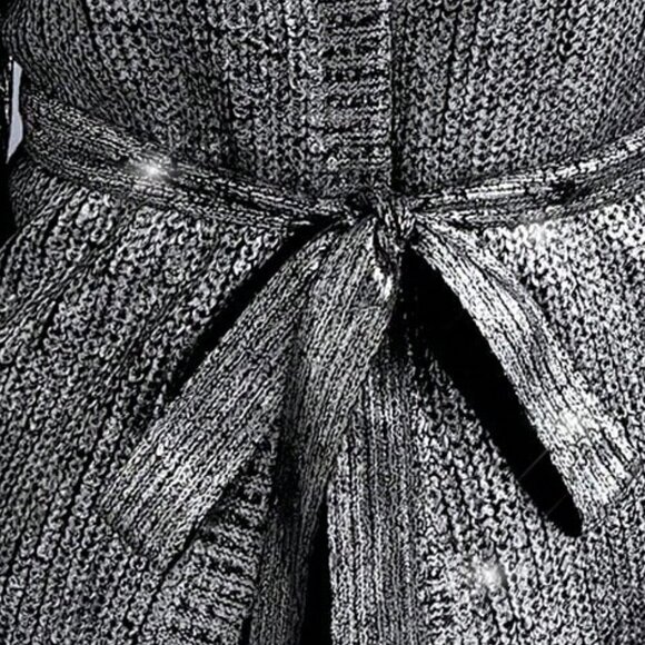 Women's stylish contemporary Silver Metallic Belted knit Cardigan - Picture 7 of 7